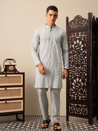 House of Pataudi Embroidered Band Collar Thread Work Pure Cotton Jashn Kurta with Trousers