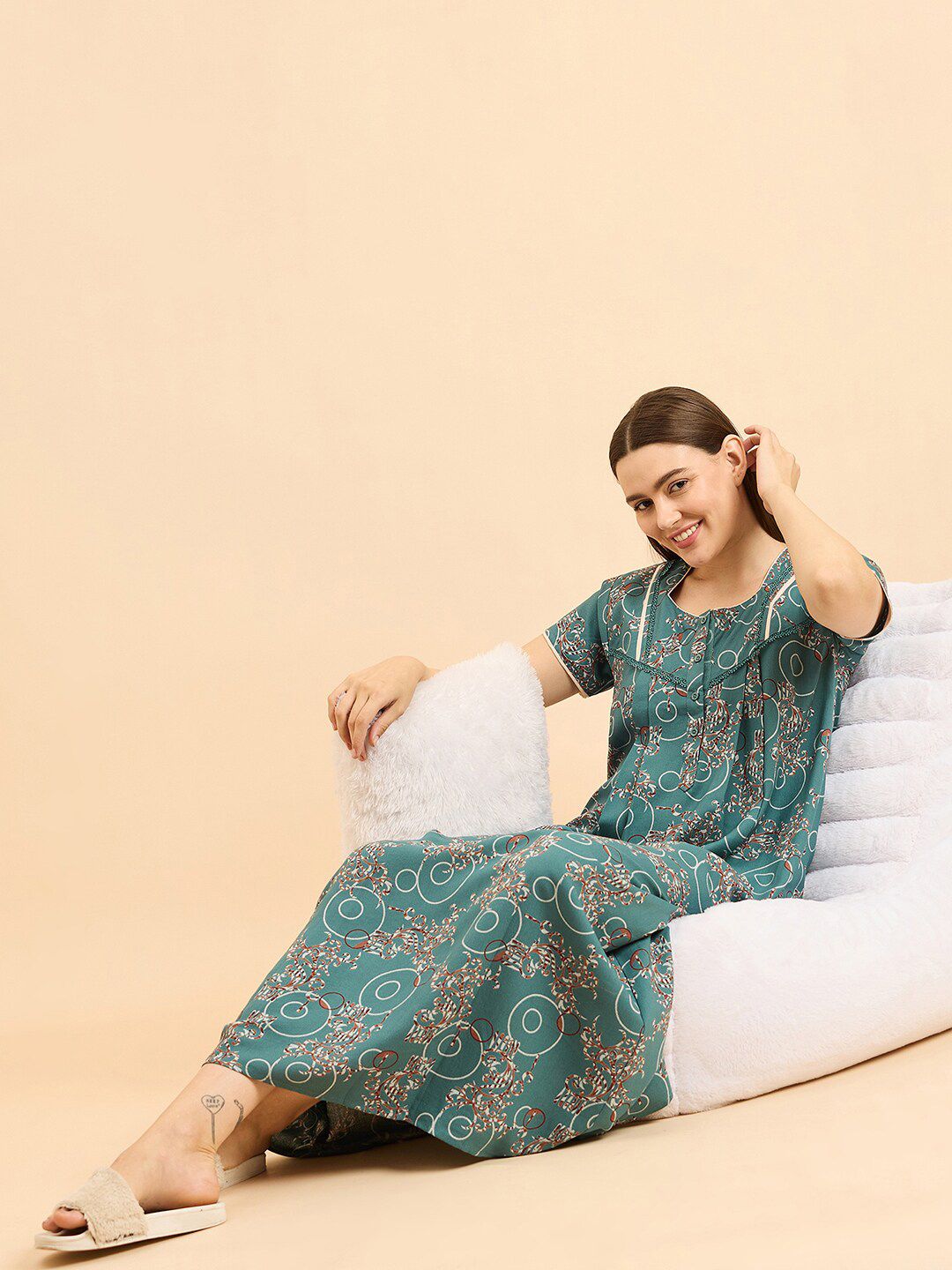 Sweet Dreams Green Pure Cotton Printed Maxi Nightdress