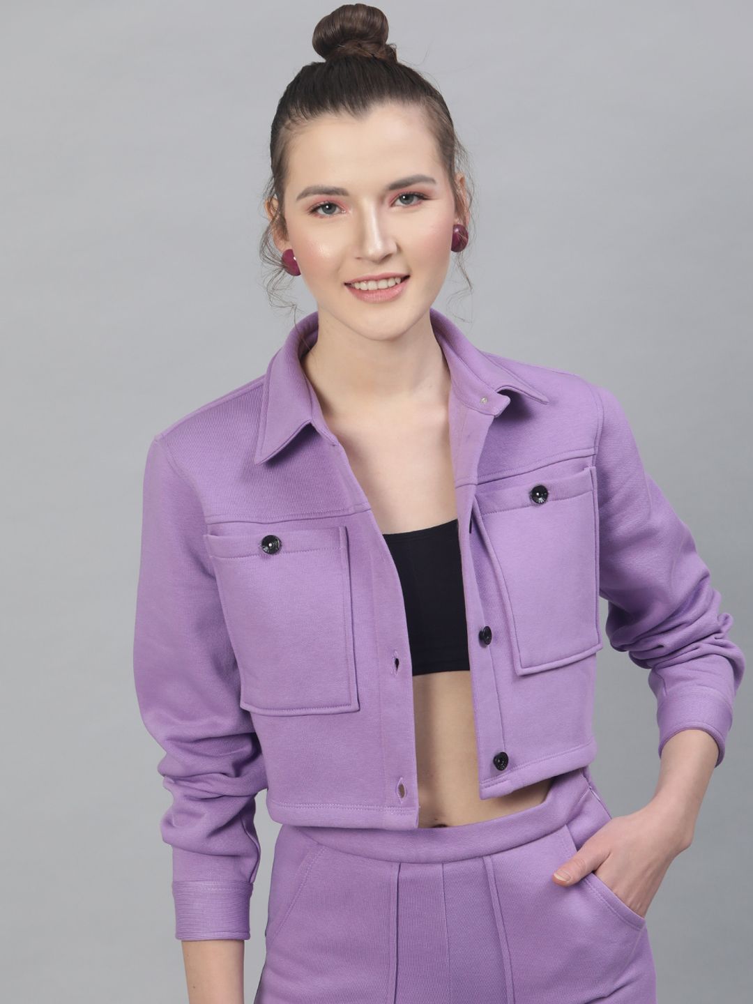 STREET 9 Women Lavender Solid Lightweight Crop Tailored Jacket