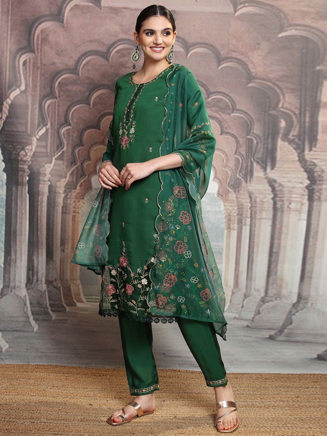 Vishudh Green Floral Embroidered Thread Work Straight Kurta With Trousers & Dupatta