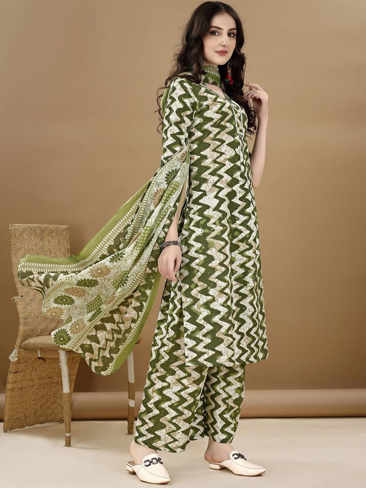 KALINI Chevron Printed Regular Kurta with Palazzos & Dupatta