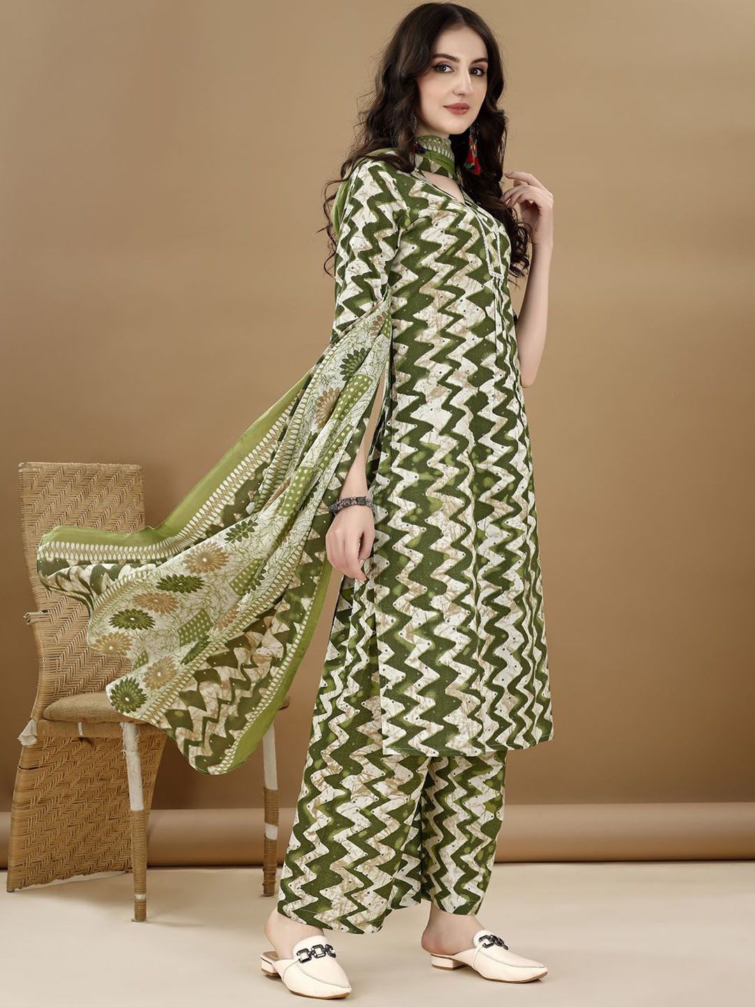 KALINI Chevron Printed Regular Kurta with Palazzos & Dupatta