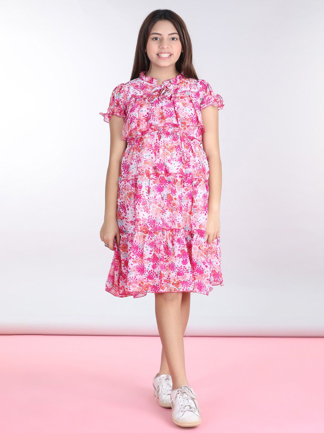 Cutiekins Girls Floral Printed Tiered Georgette A-Line Dress
