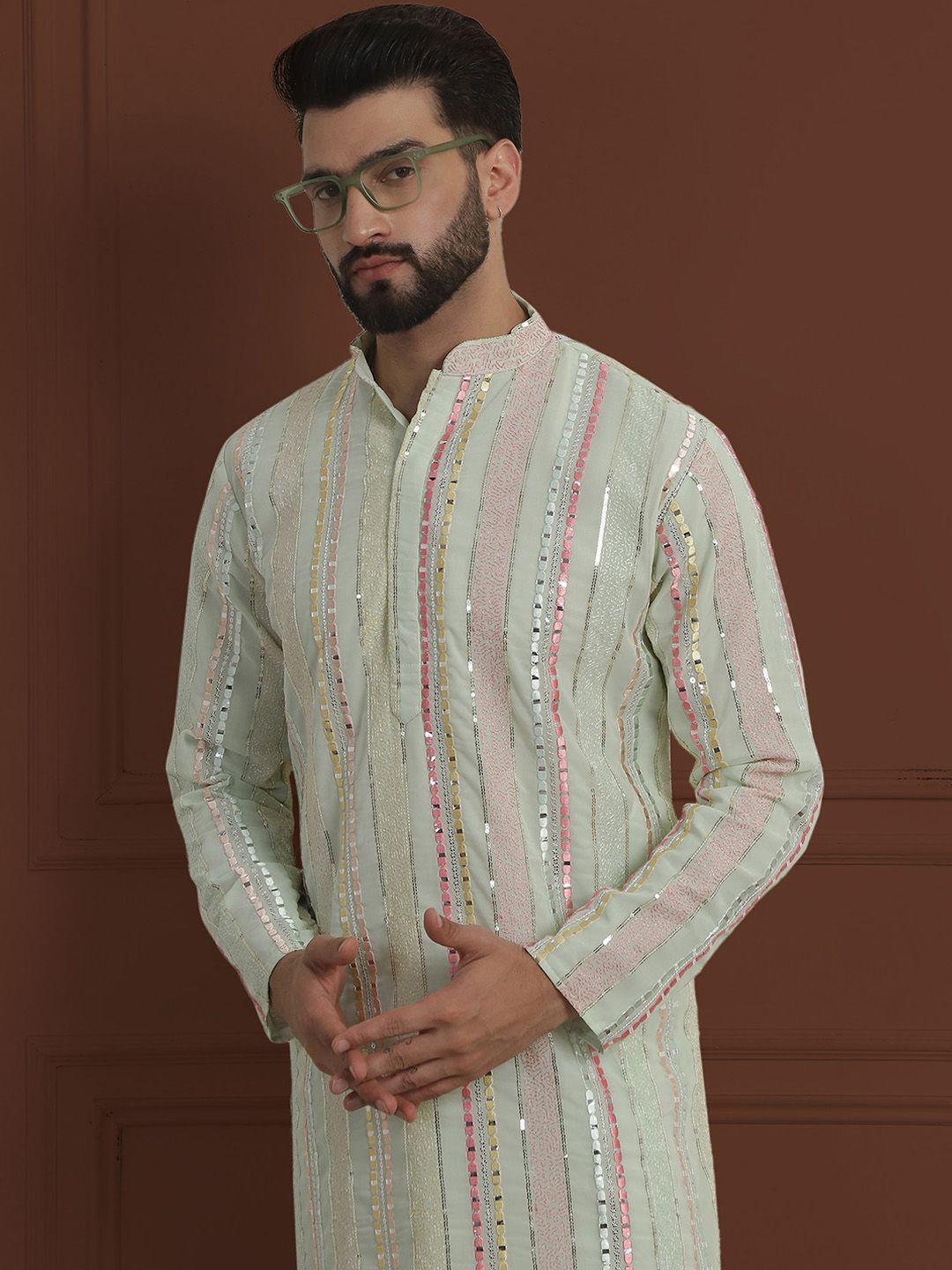 SOJANYA LUXE Striped Embroidered Mandarin Collar Straight Georgette Kurta & Pyjama