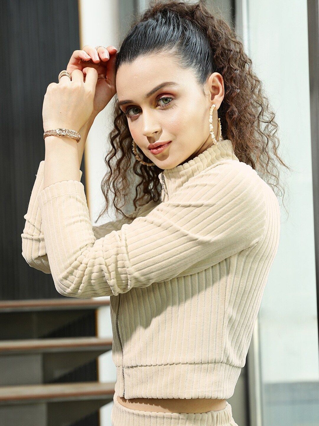 STREET 9 Self-Striped Mock Collar Crop Sweatshirt