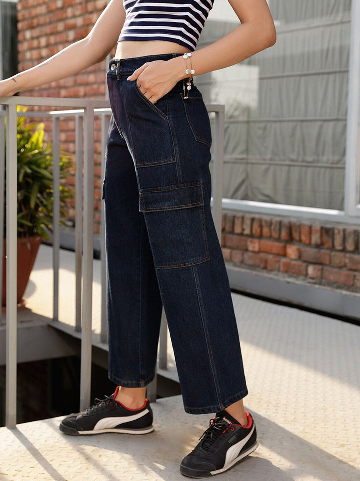 STREET 9 Women Blue Jean Wide Leg High-Rise Pure Cotton Jeans