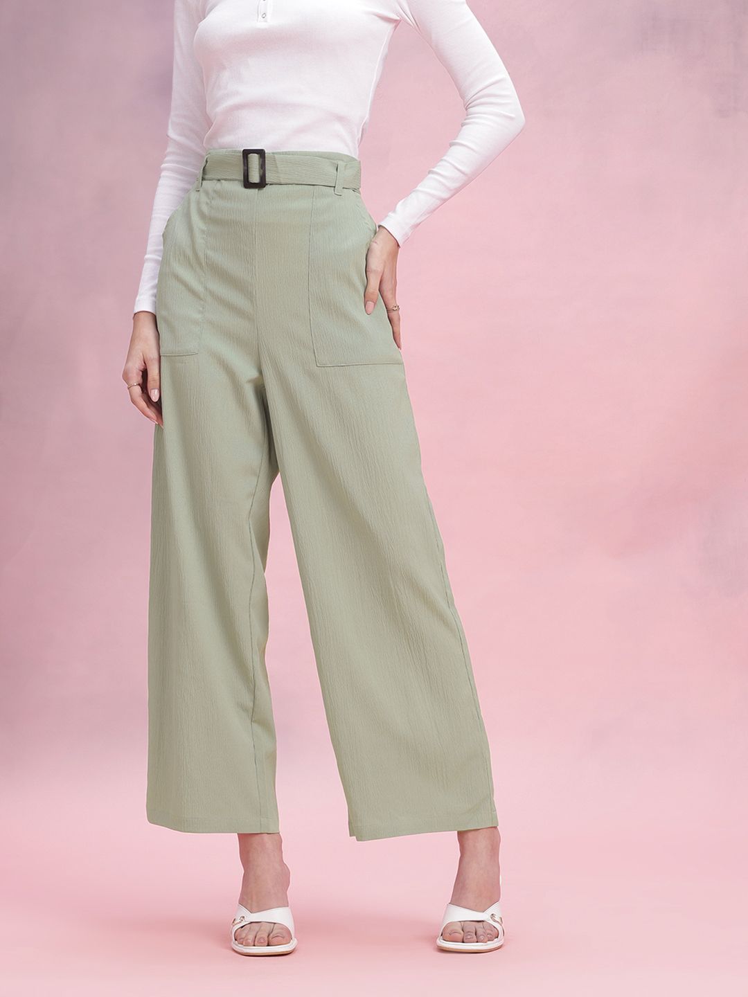 DressBerry Women Belted Straight Fit Trousers