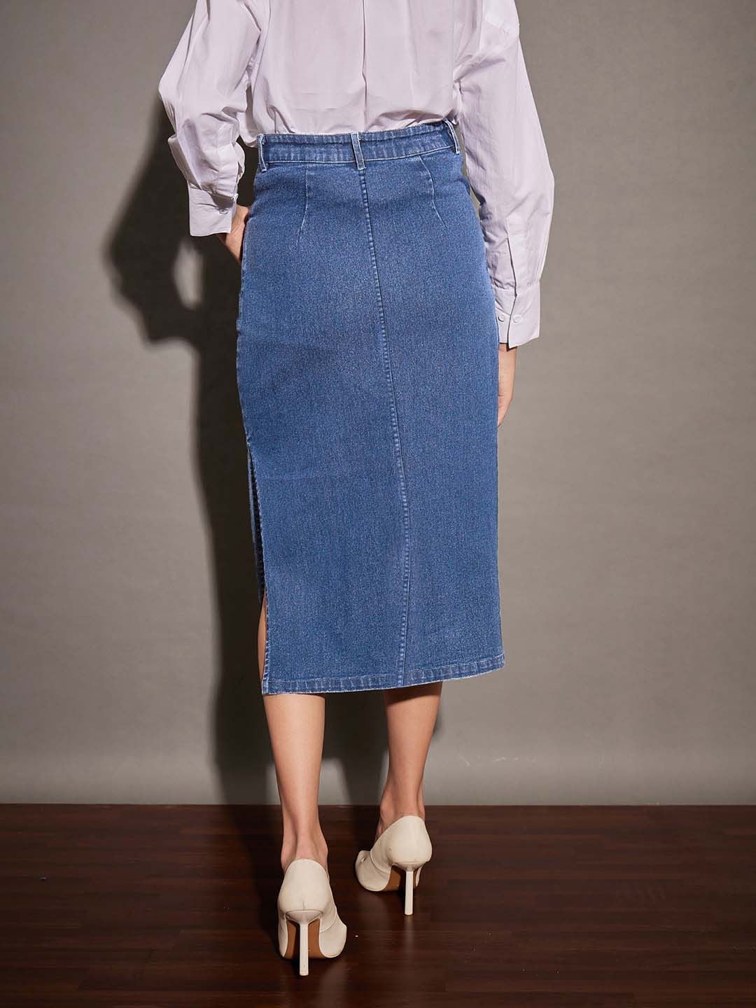 SASSAFRAS Blue Side Slit A-Line Midi Skirt