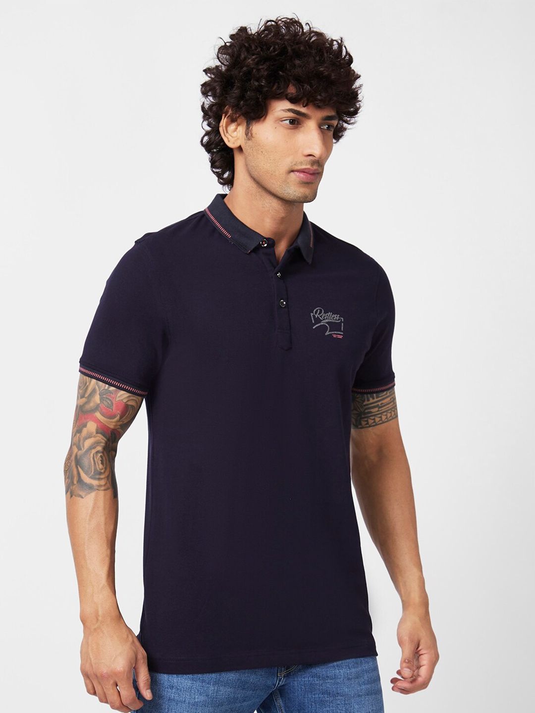 SPYKAR Polo Collar Applique Slim Fit Cotton Casual T-Shirt