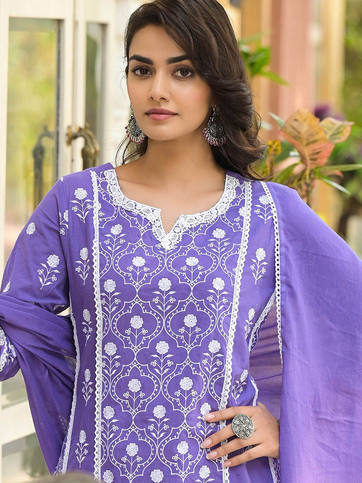 Varanga Floral Embroidered Notch Neck Pure Cotton Kurta With Trousers & Dupatta
