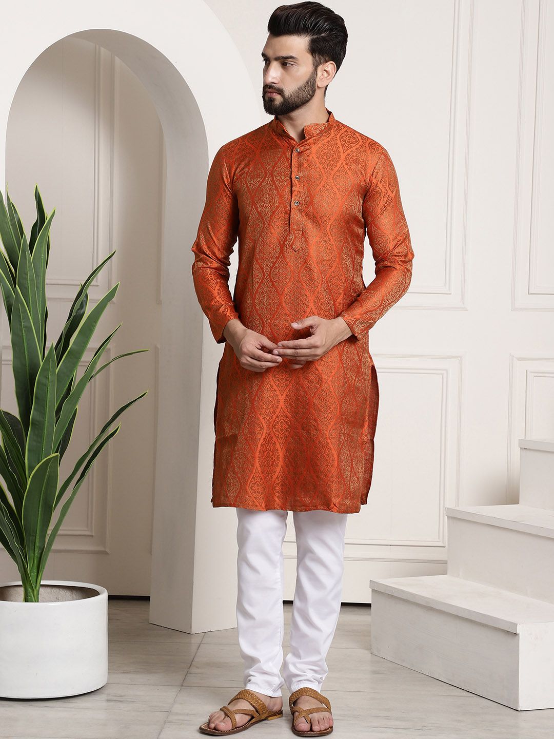 SOJANYA Men Orange & Golden Ethnic Motifs Woven Design Kurta with Churidar