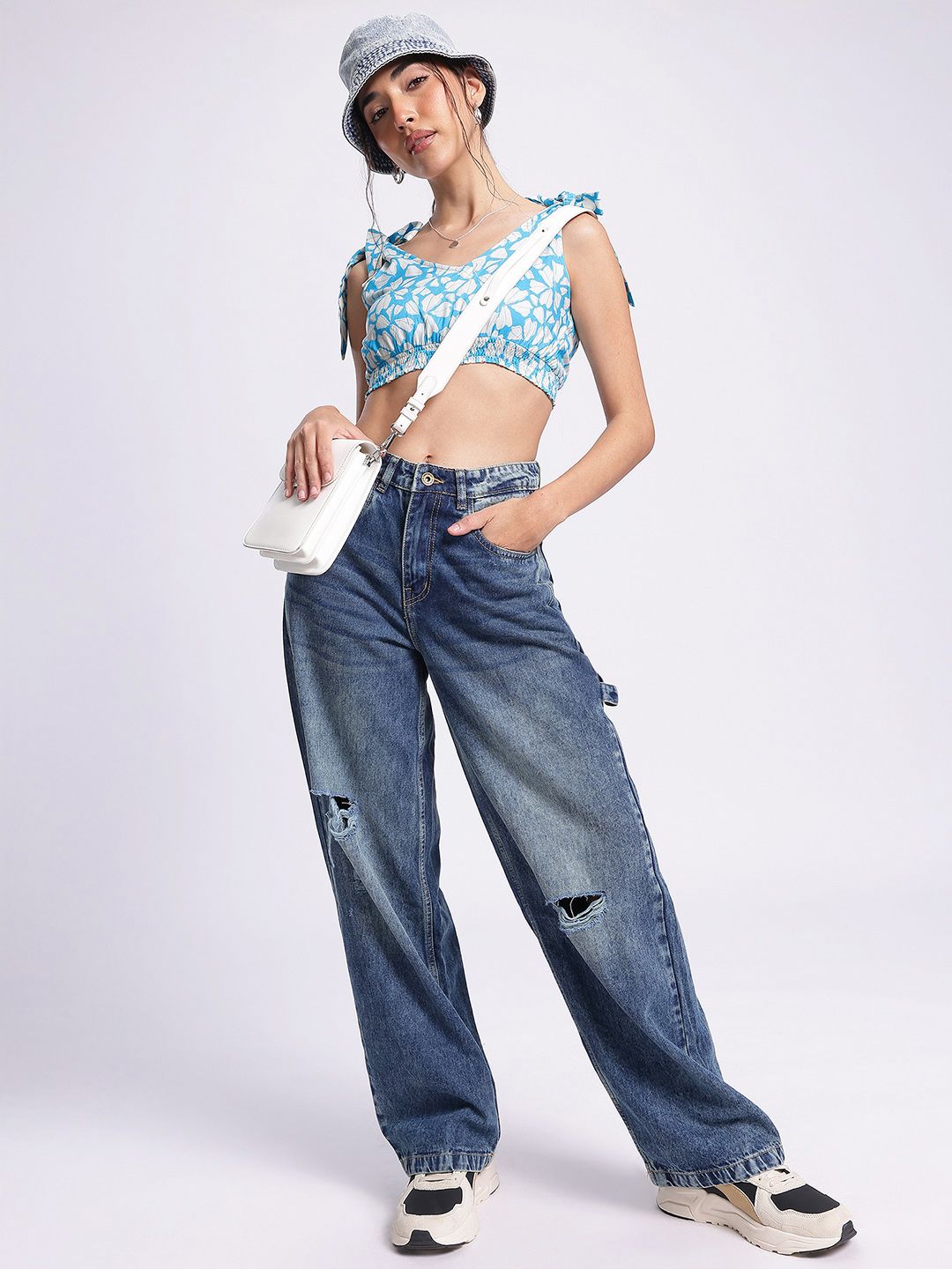 DressBerry Floral Frenzy Tie-Up Detail Smocked Crop Top