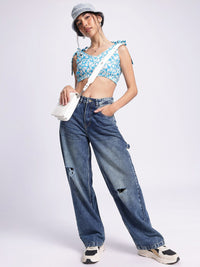 DressBerry Floral Frenzy Tie-Up Detail Smocked Crop Top
