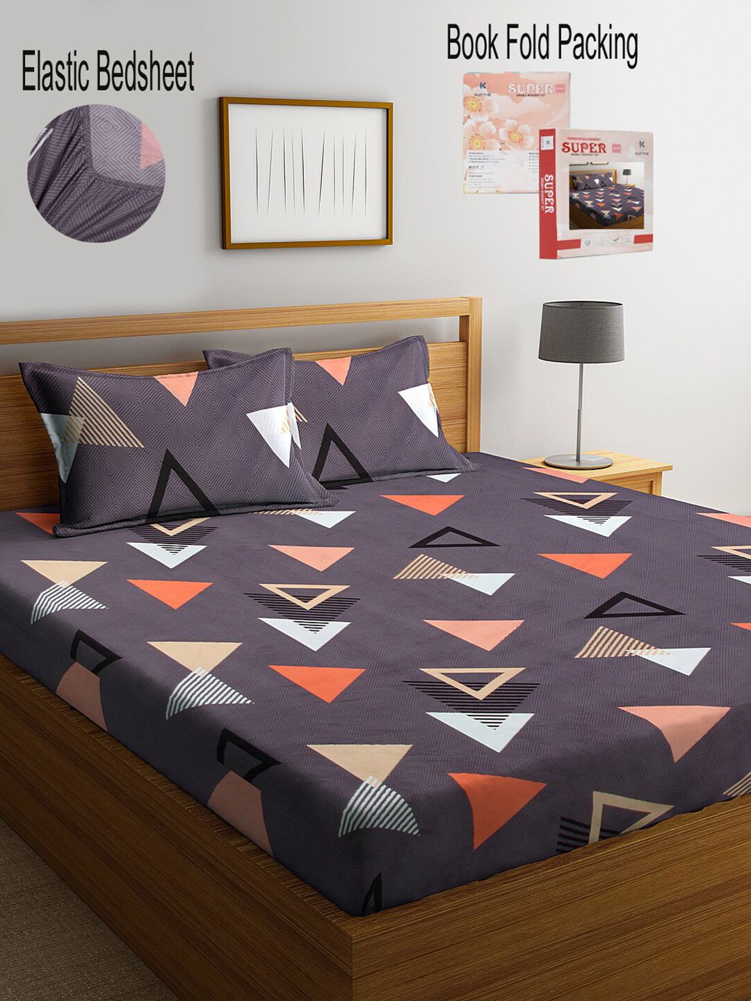 KLOTTHE 300 TC Fitted Geometric King Bedsheet with 2 Pillow Covers
