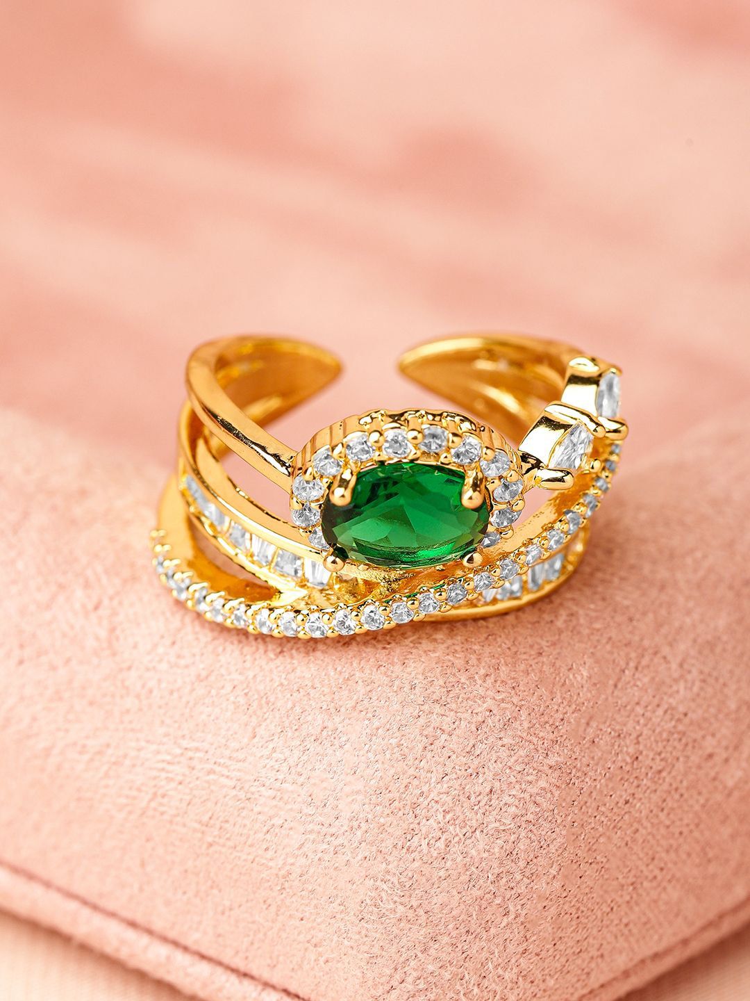 Rubans 18k emas bersalut zirkon hijau & padu zirkonia yang disatukan cincin penyata laras