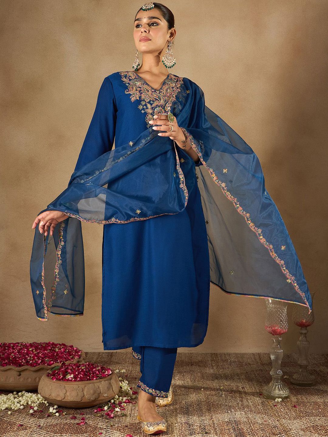 Indo Era Women Ethnic Motifs Embroidered Regular Liva Kurta with Trousers & With Dupatta