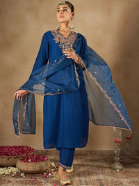 Indo Era Women Ethnic Motifs Embroidered Regular Liva Kurta with Trousers & With Dupatta