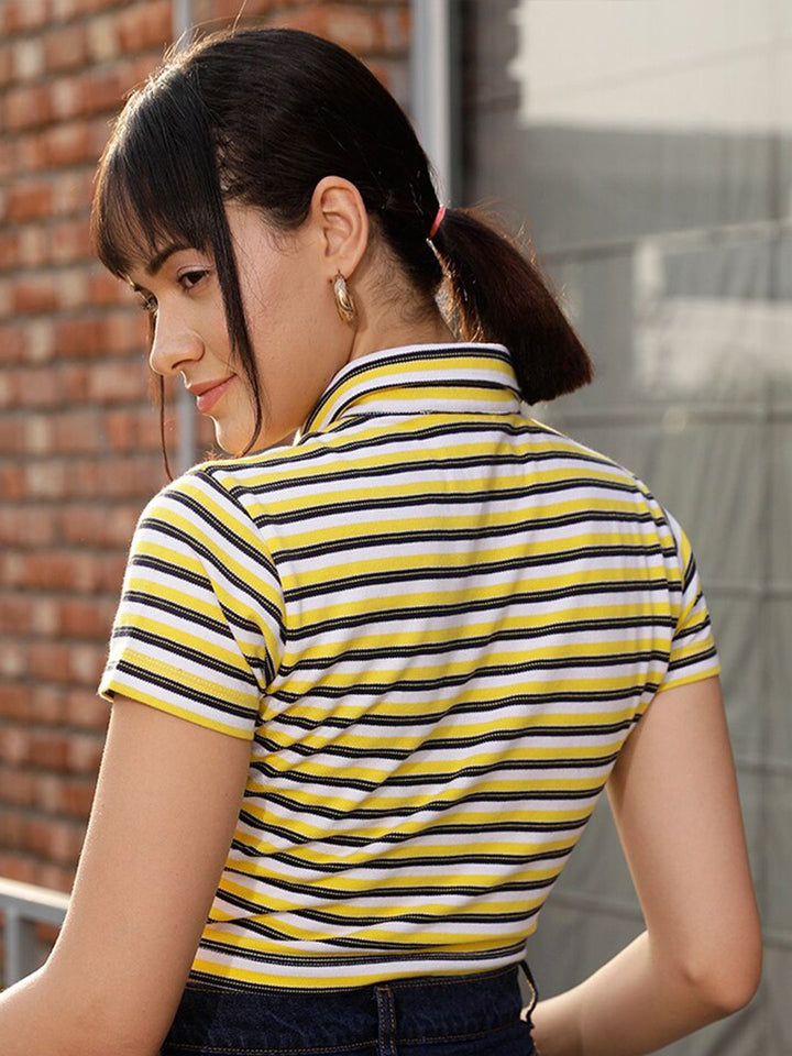 STREET 9 Yellow & White Striped Polo Collar Crop Pure Cotton T-shirt