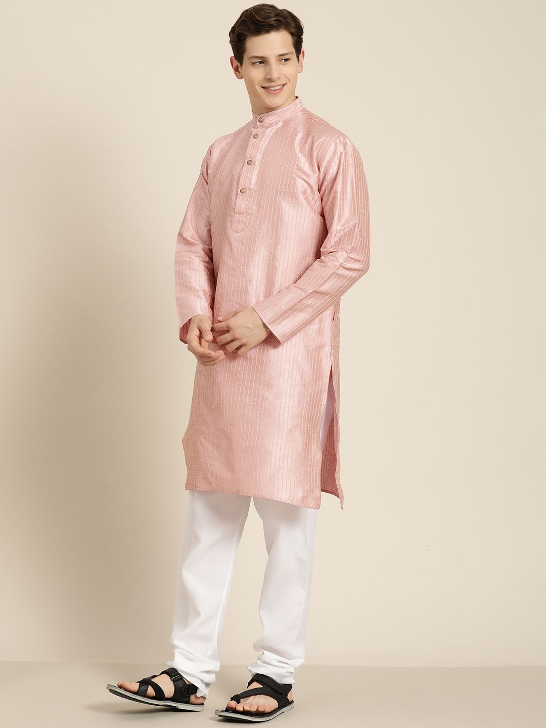 SOJANYA Men Pink Striped Kurta with Pyjamas  & Nehru Jacket