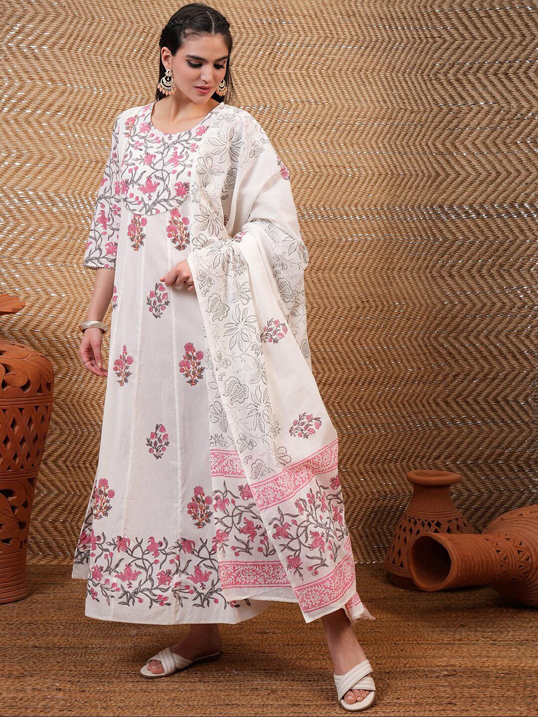 Vishudh White & Pink Floral Printed Pure Cotton Anarkali Kurta With Trouser & Dupatta