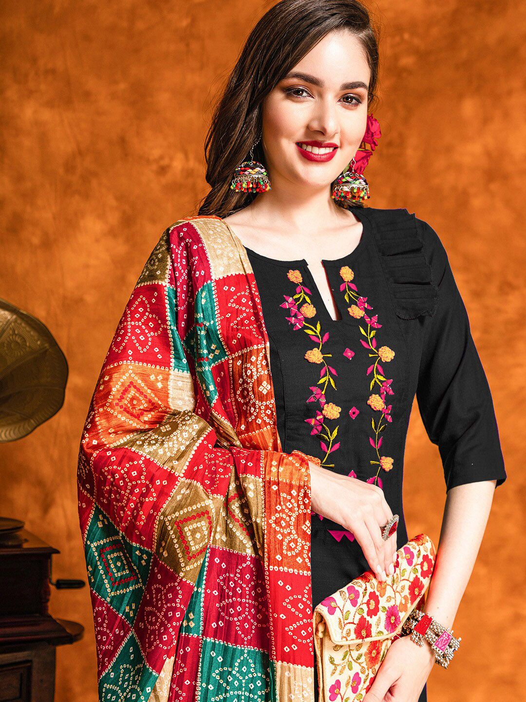 KALINI  Floral Embroidered Notched Neck Mirror Work Kurta with Salwar & With Dupatta