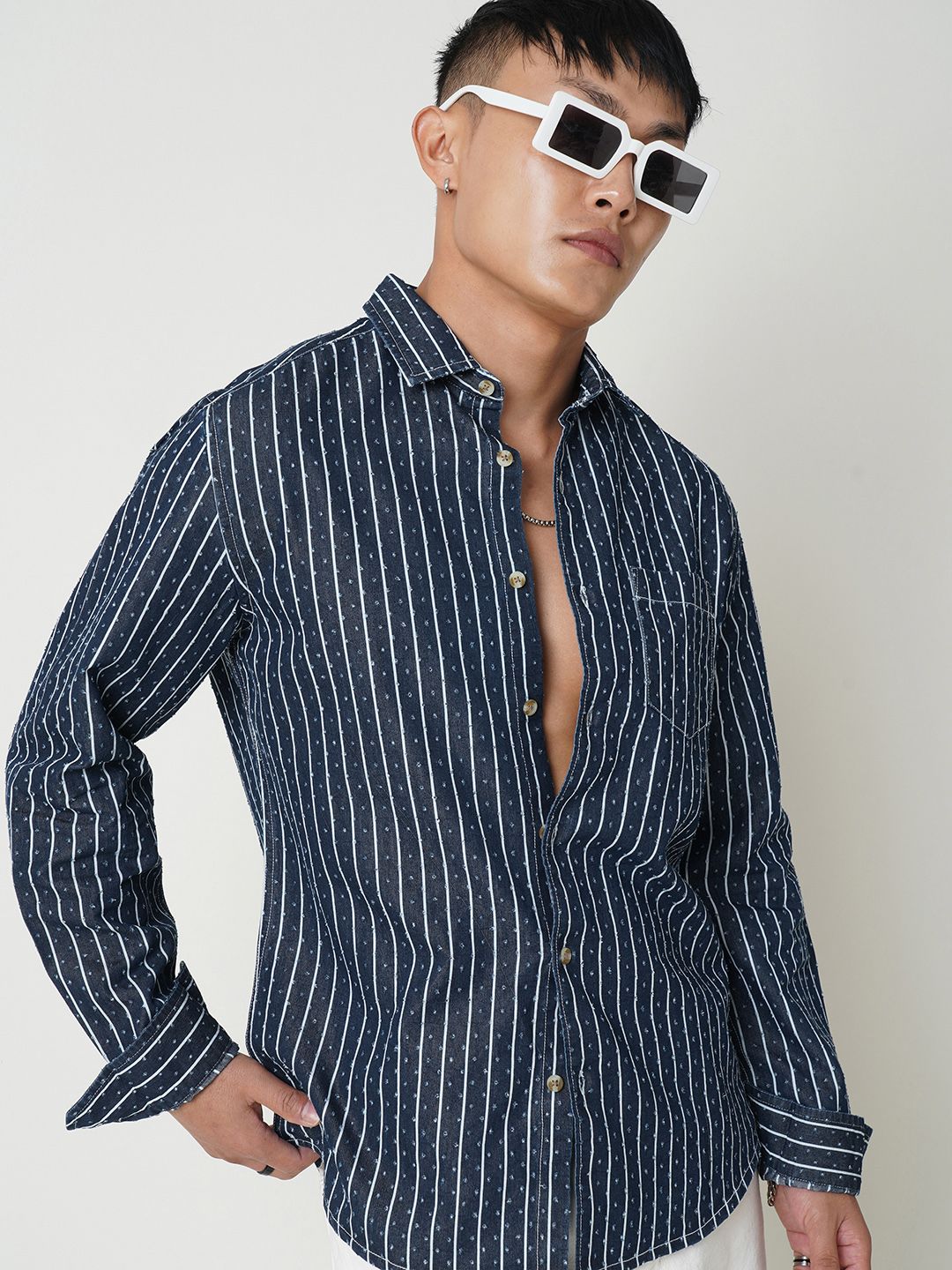 VASTRADO Men Classic Spread Collar Vertical Striped Cotton Casual Shirt
