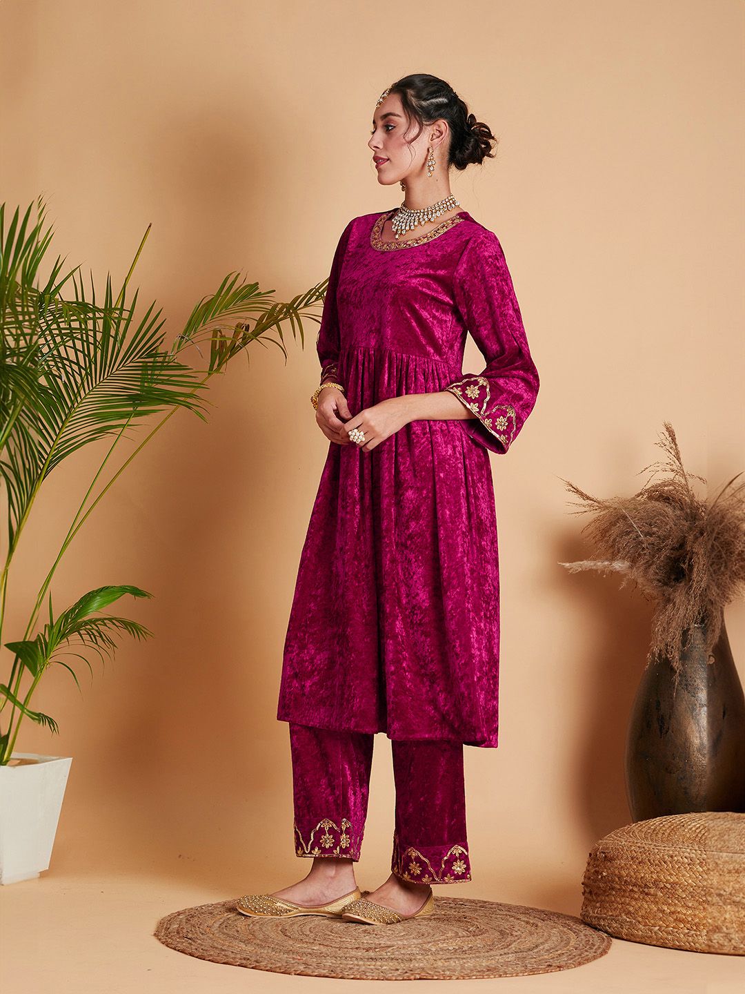 Shae by SASSAFRAS Women Fuchsia Empire Gotta Patti Velvet Kurta with Palazzos