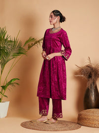 Shae by SASSAFRAS Women Fuchsia Empire Gotta Patti Velvet Kurta with Palazzos