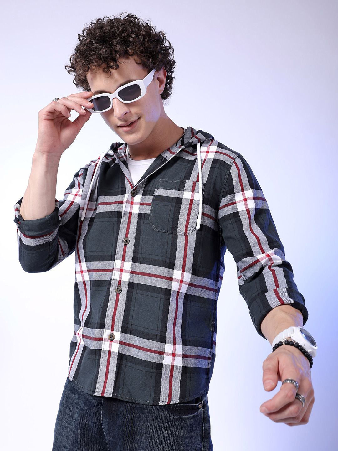 The Indian Garage Co Tartan Checked Hooded Long Sleeves Cotton Shacket