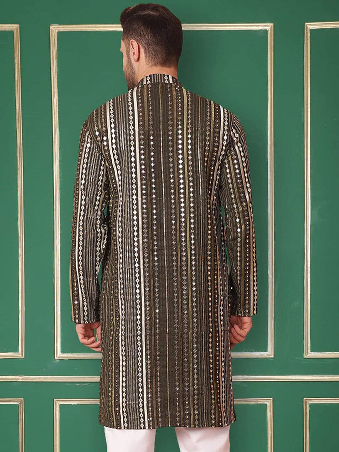 Jompers Striped Mandarin Collar Mirror Work Straight Kurta