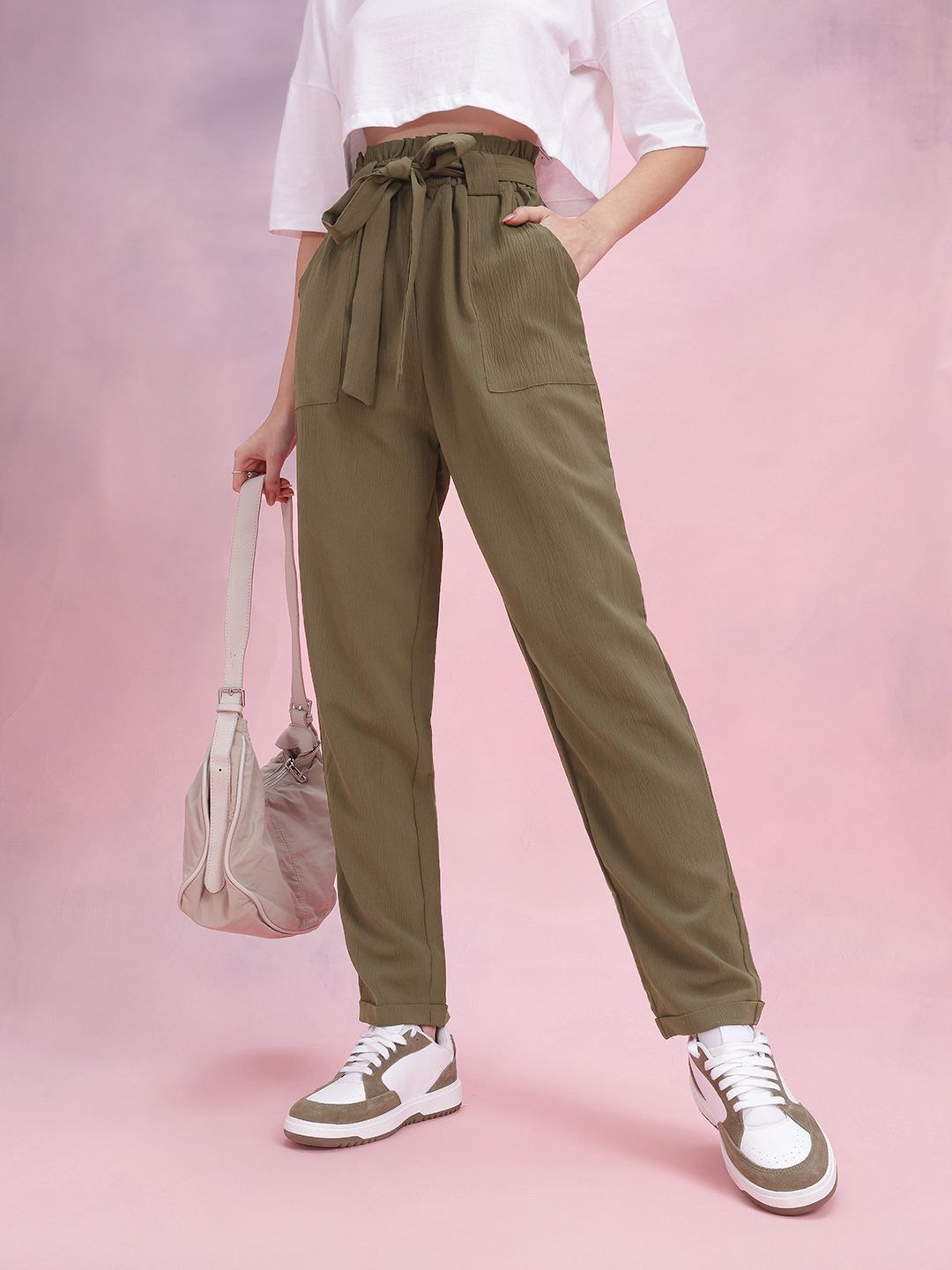 DressBerry Women Crinkled Belted Trousers