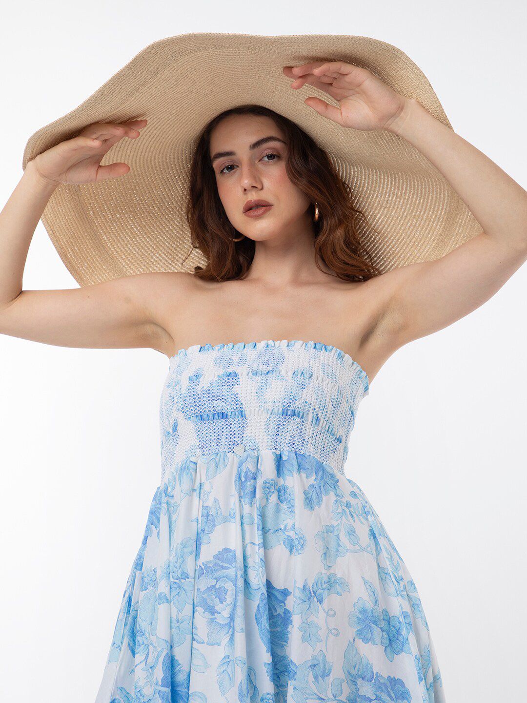 RAREISM Floral Printed Strapless Fit & Flare Midi Dress