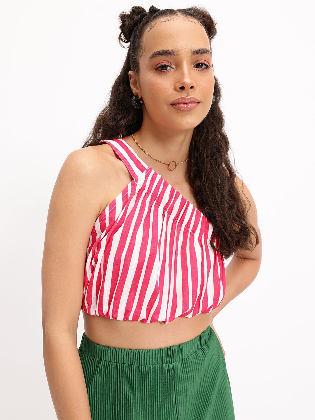 DressBerry Candy Stripes One-Shoulder Crop Top
