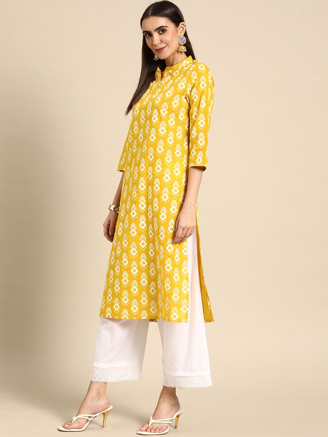 Anouk Women Mustard Yellow & Off White Pure Cotton Ethnic Motifs Printed Kurta