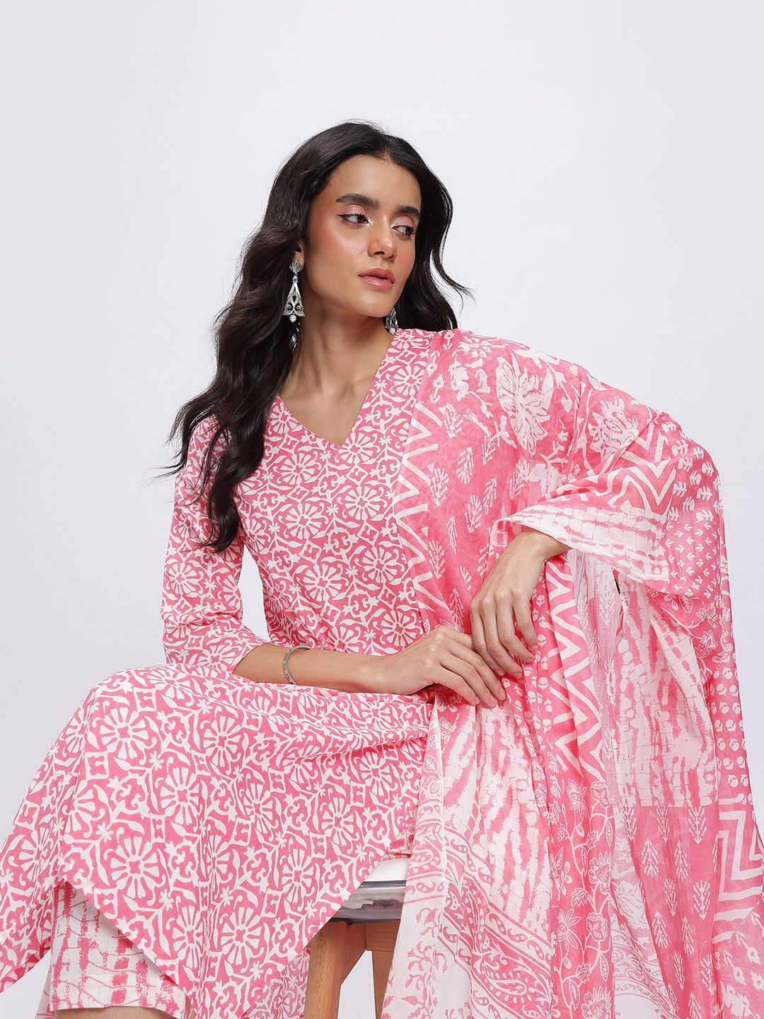 Anouk Floral Print Pure Cotton Straight Kurta with Trousers & Dupatta