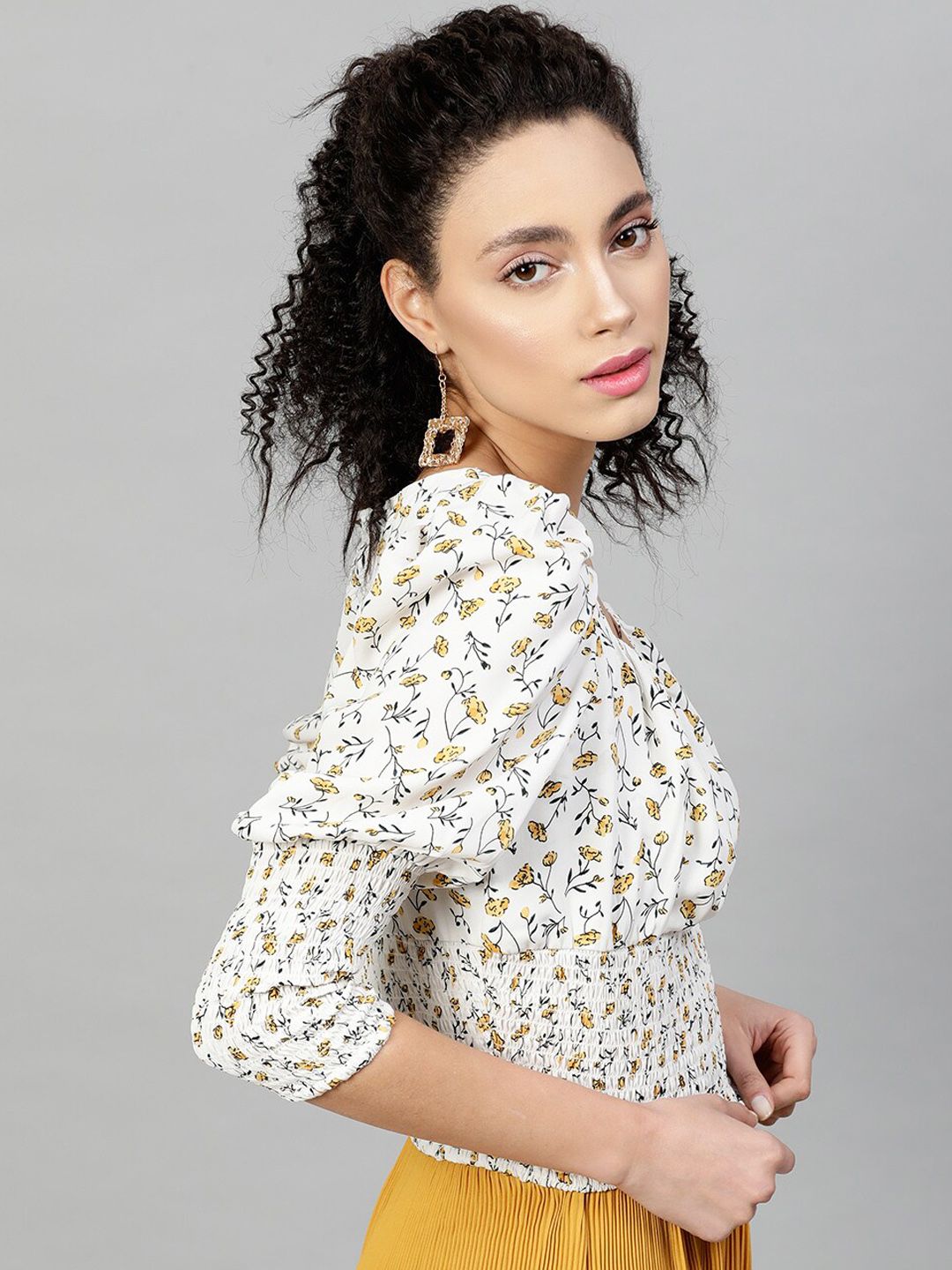 STREET 9 White Floral Printed Sweetheart Neck Puff Sleeves Crepe Blouson Top