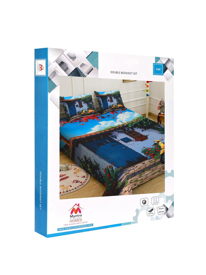 Myntra Elegant Homes Biru & Hijau 400 TC Cadar Katil King dengan 2 Sarung Bantal