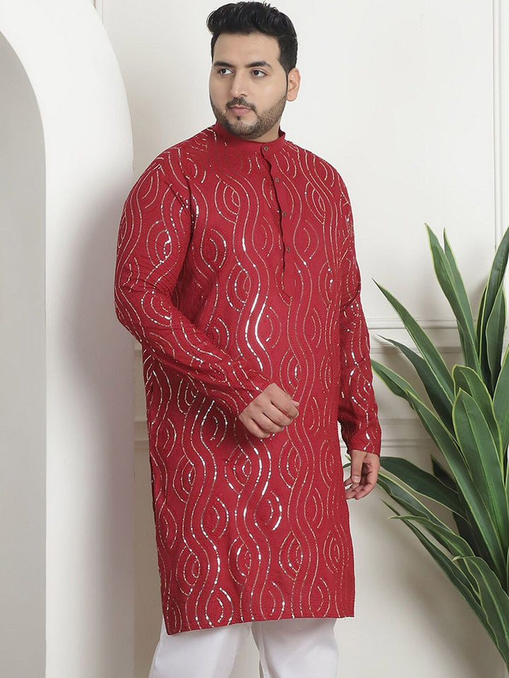 SOJANYA PLUS PLus Size Ethnic Motifs Embroidered Band Collar Long Sleeves Straight Kurta