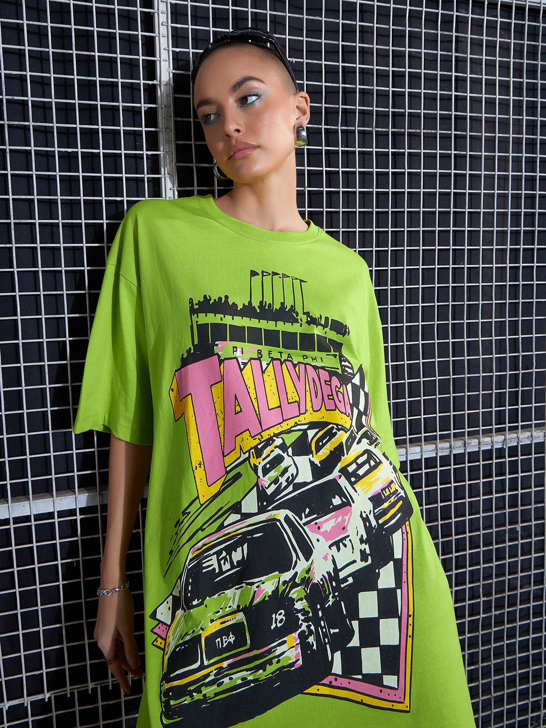 SASSAFRAS Green Graphic Printed Pure Cotton Oversized T-Shirt Dress