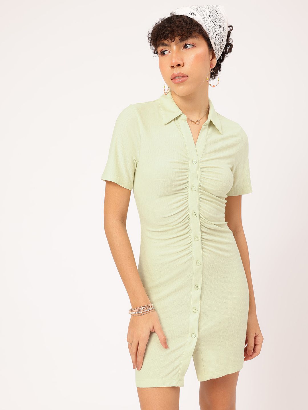 Tekstur Rushed Ruched Knit Bodycon Mini Dress