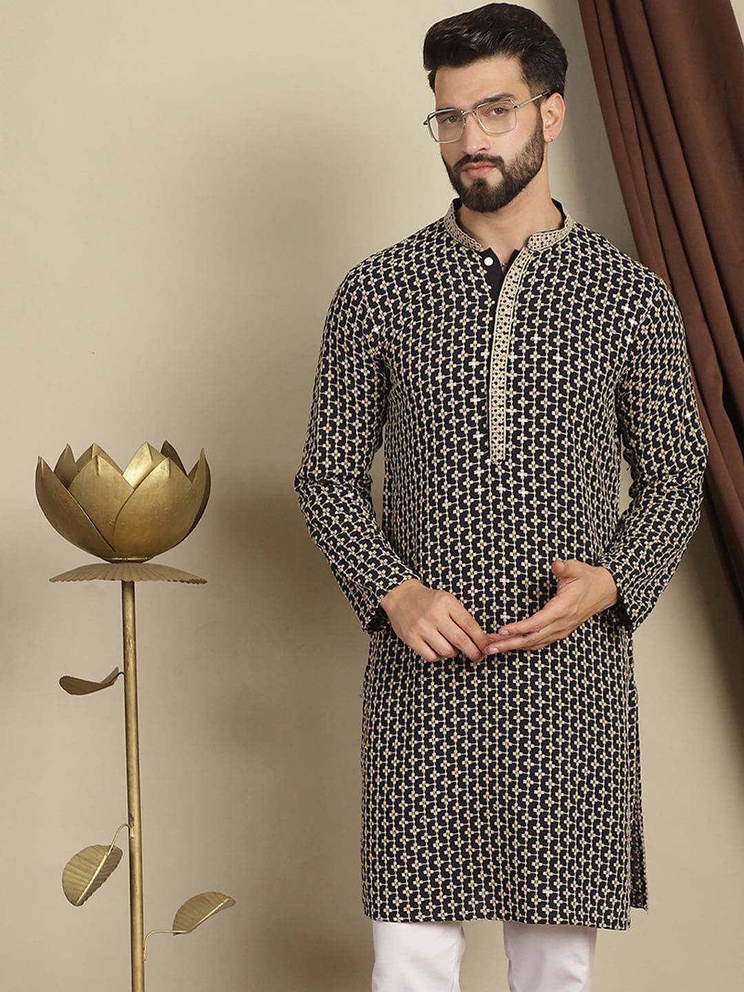 Anouk Geometric Printed Kolar Mandarin Lengan Panjang Kapas Kurta Labuci