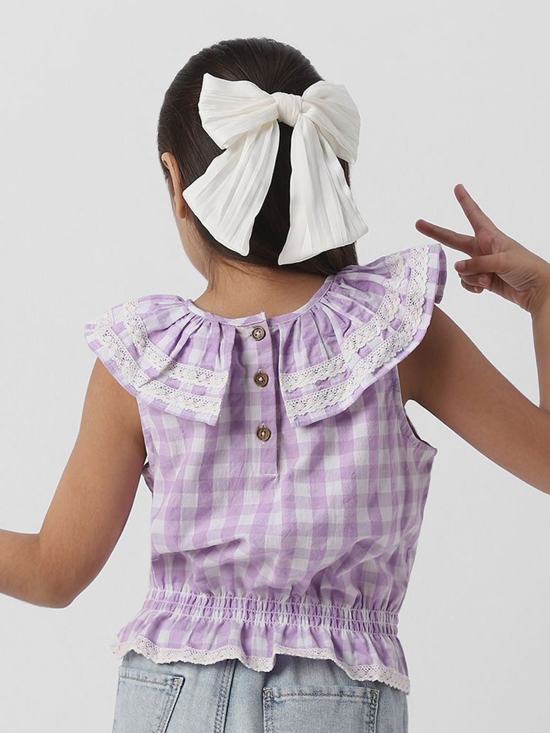 Nauti Nati Girls Checked Peter Pan Collar Cotton Cinched Waist Top