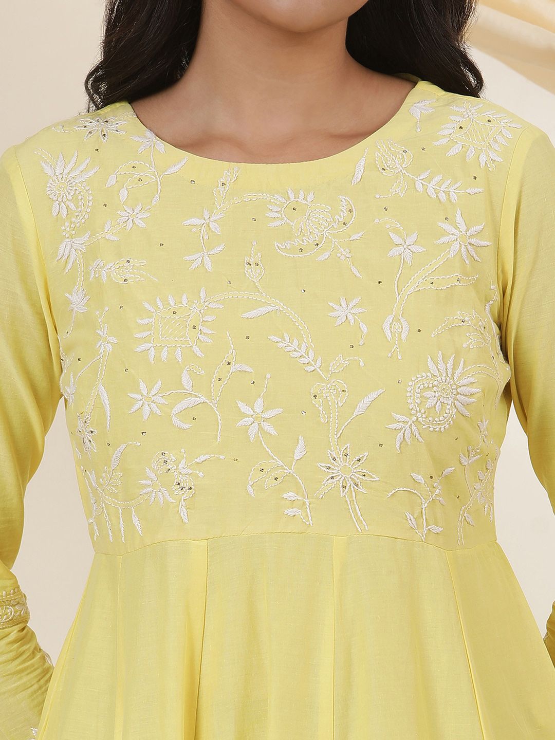 W Yellow Floral Embroidered Thread Work Cotton Empire Anarkali Kurta
