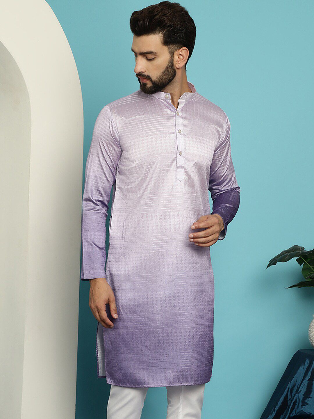 SOJANYA Mandarin Collar Jacquard Silk Straight Kurta