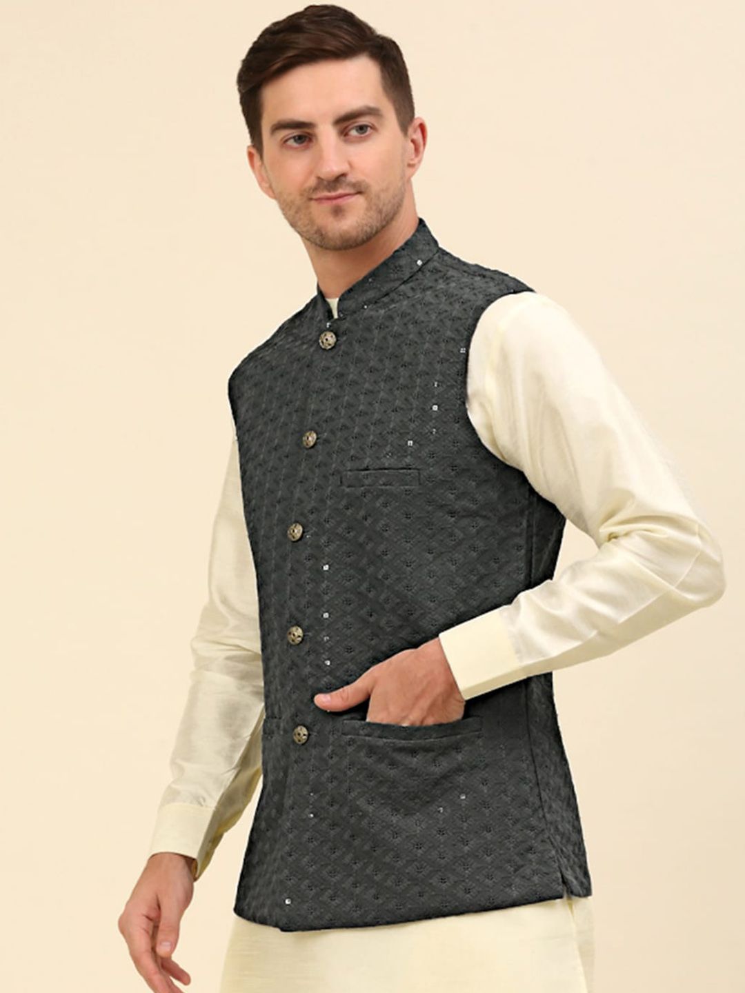 Anouk Grey Embroidered Sequinned Nehru Jacket