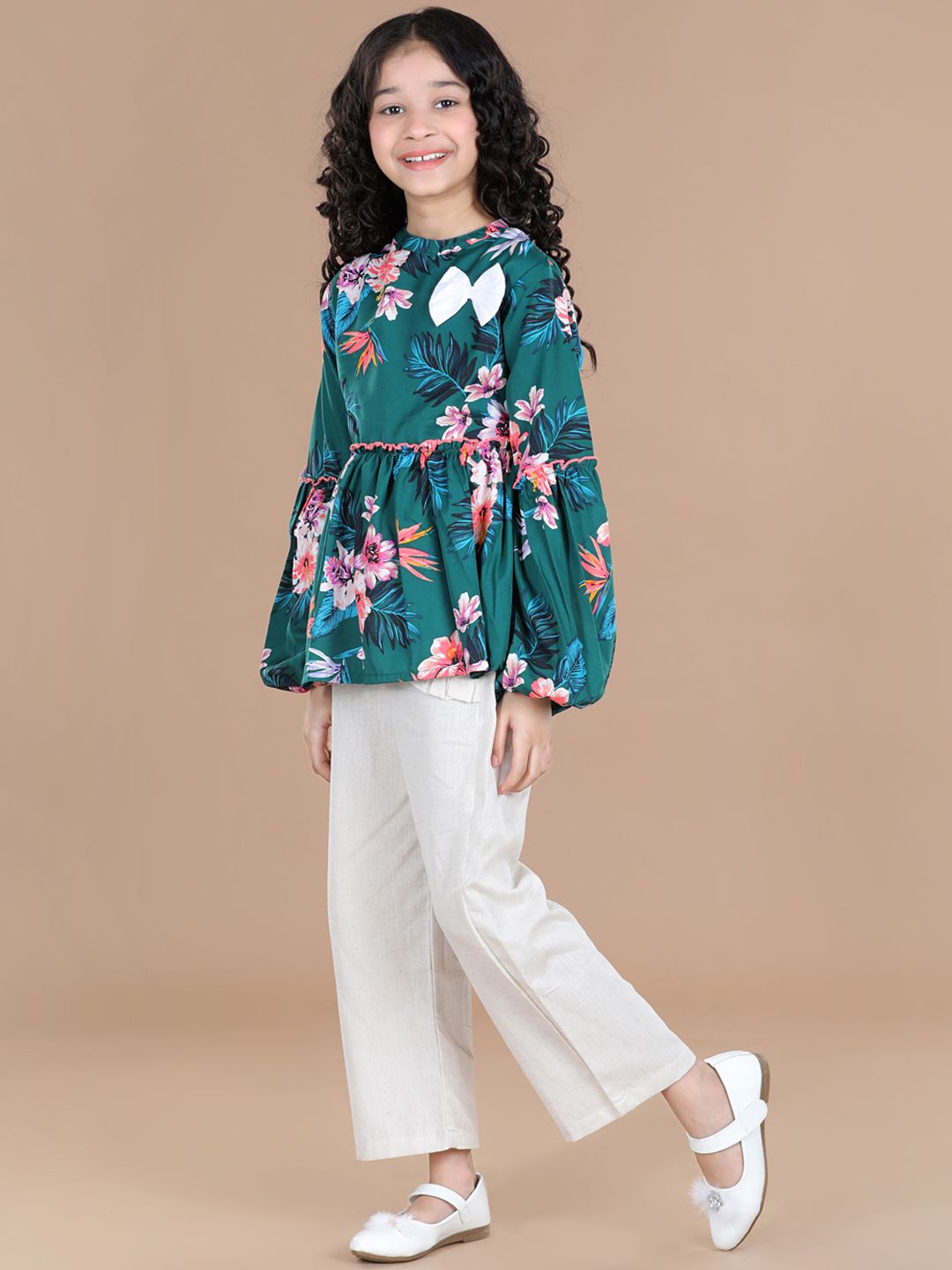 Cutiekins Girls Teal & Off White Floral Top with Palazzos