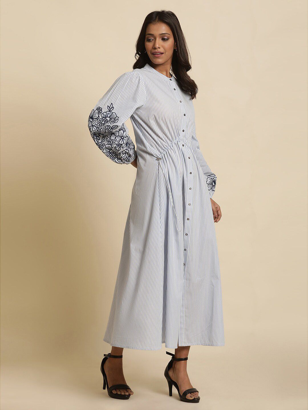 W Striped Embroidered Pure Cotton Shirt Style Maxi Dress