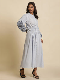 W Striped Embroidered Pure Cotton Shirt Style Maxi Dress