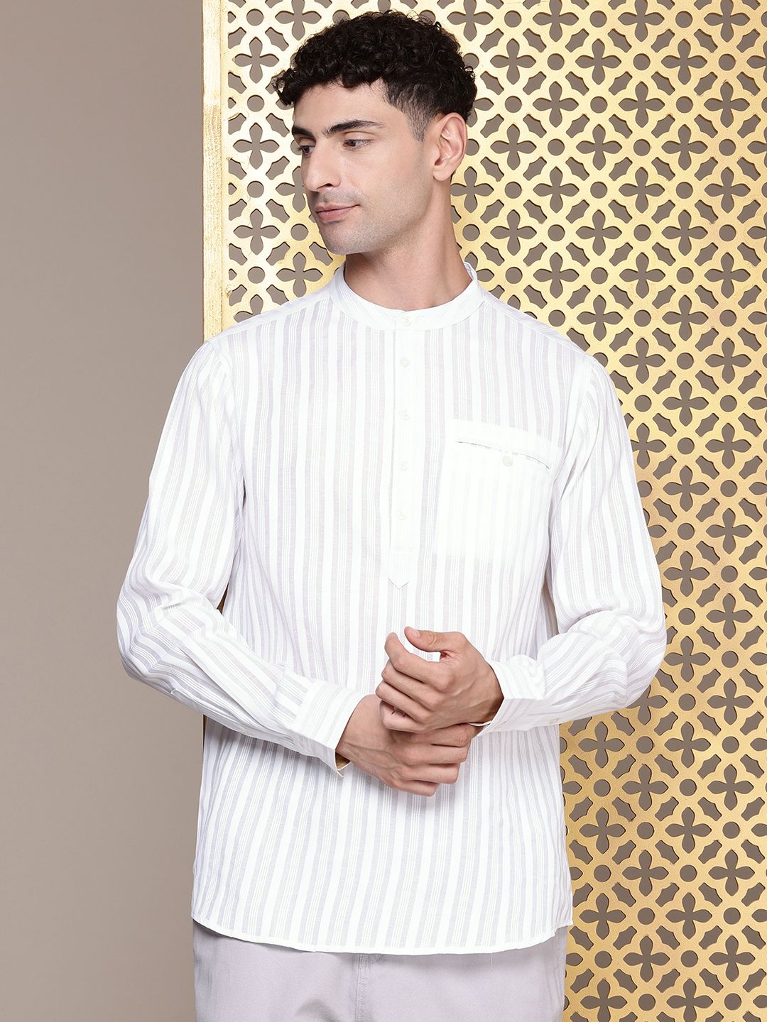 House of Pataudi Band Collar Striped Rozana Kurta