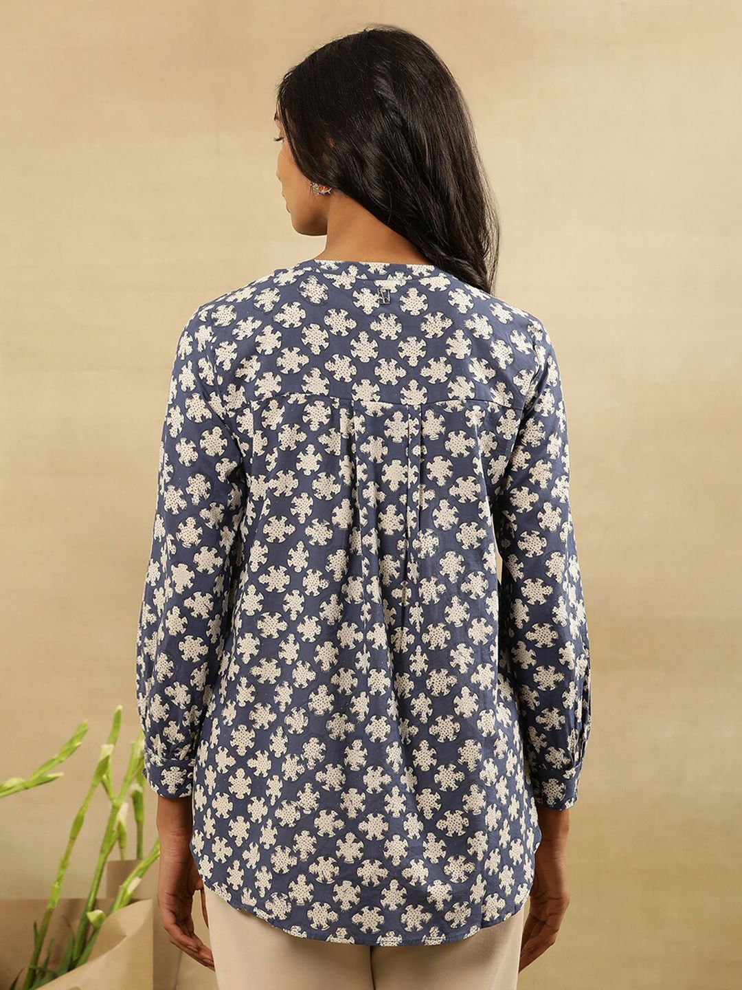 Folk Song  Floral Printed Round Neck Cuffed Sleeves Cotton Top